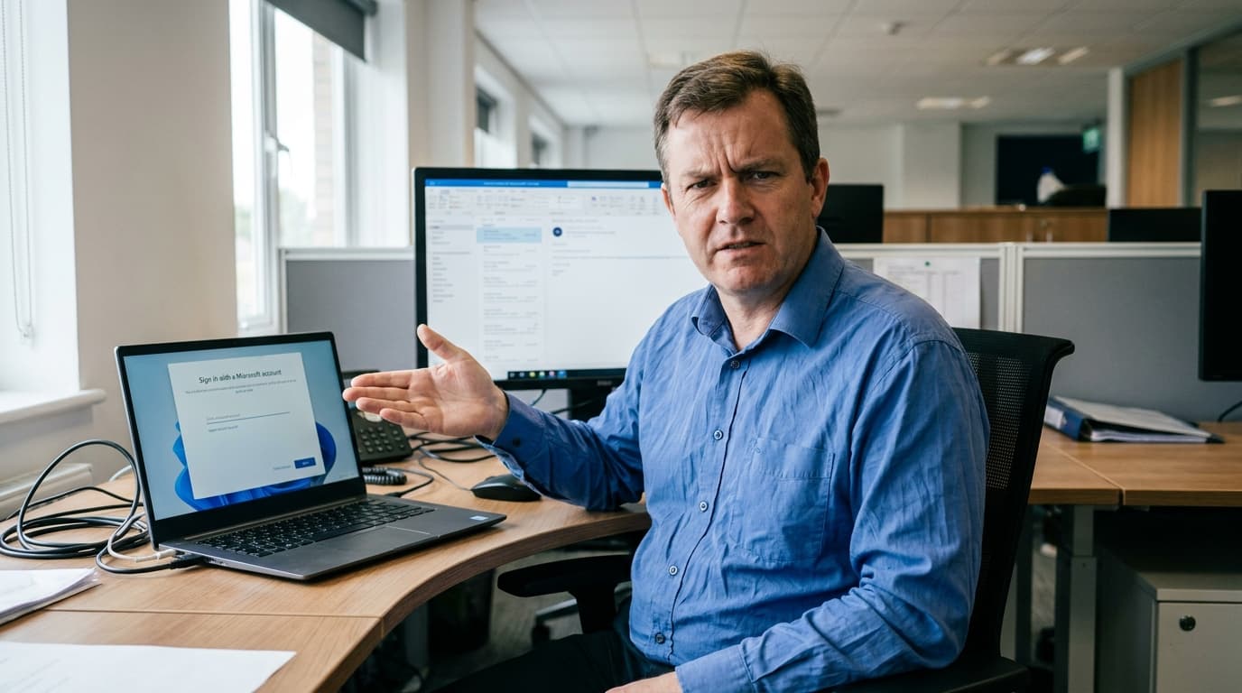 An IT professional at their desk looks at a laptop screen showing the Windows 11 Microsoft account login page during setup.
