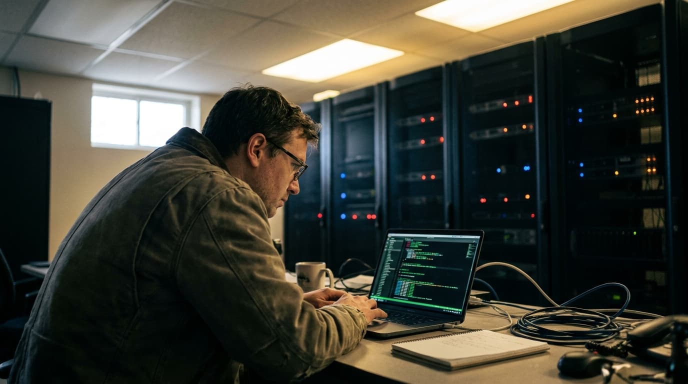 An engineer works on a laptop in a data center, with server racks visible behind them.