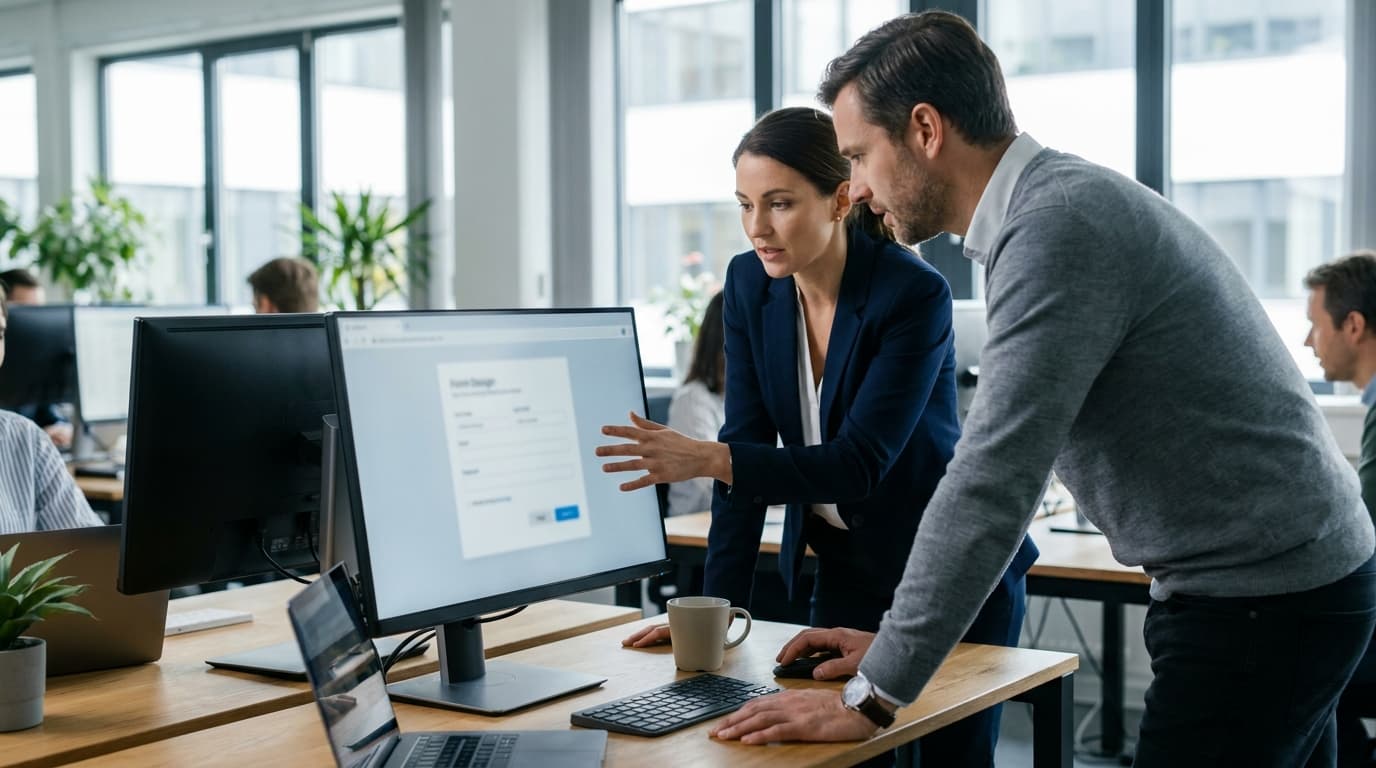 A product manager and developer review a new age verification feature on a computer monitor in an office setting.
