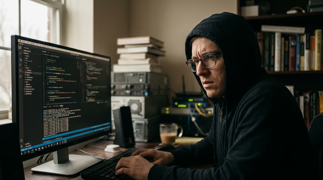A security engineer reviews code on a computer screen in an office, focusing on a potential security vulnerability.