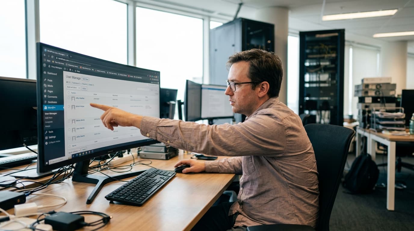 A security professional reviews a list of user accounts on a computer screen showing a WordPress dashboard.