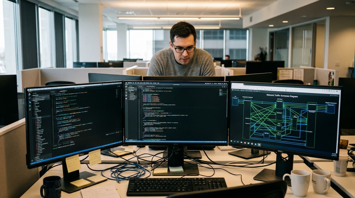 A developer at a desk reviews Ruby code on a computer screen, focusing on security vulnerabilities in a software library.