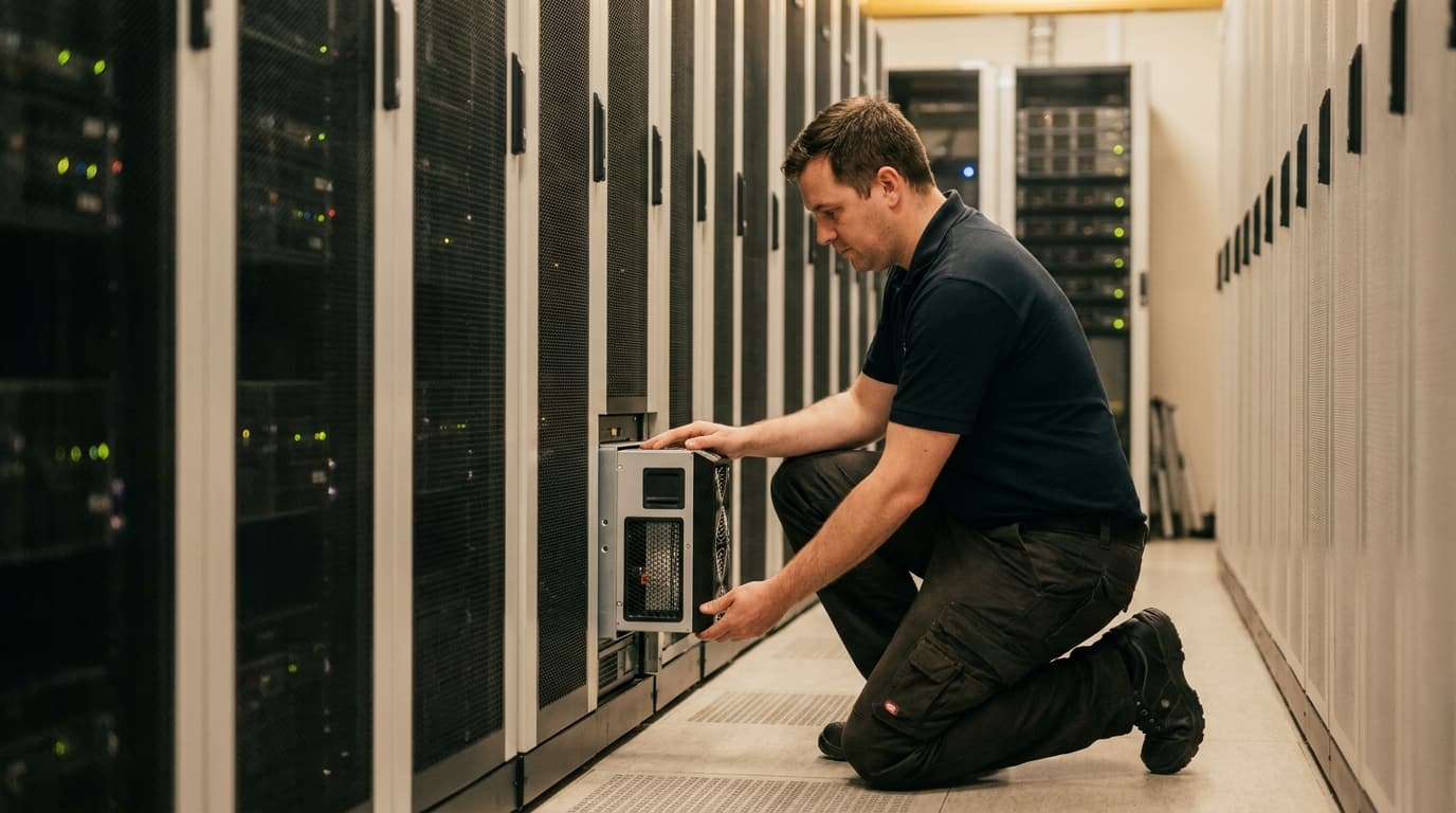 An IT technician inspects a solid-state cooling unit on a server rack inside a large, modern data center.