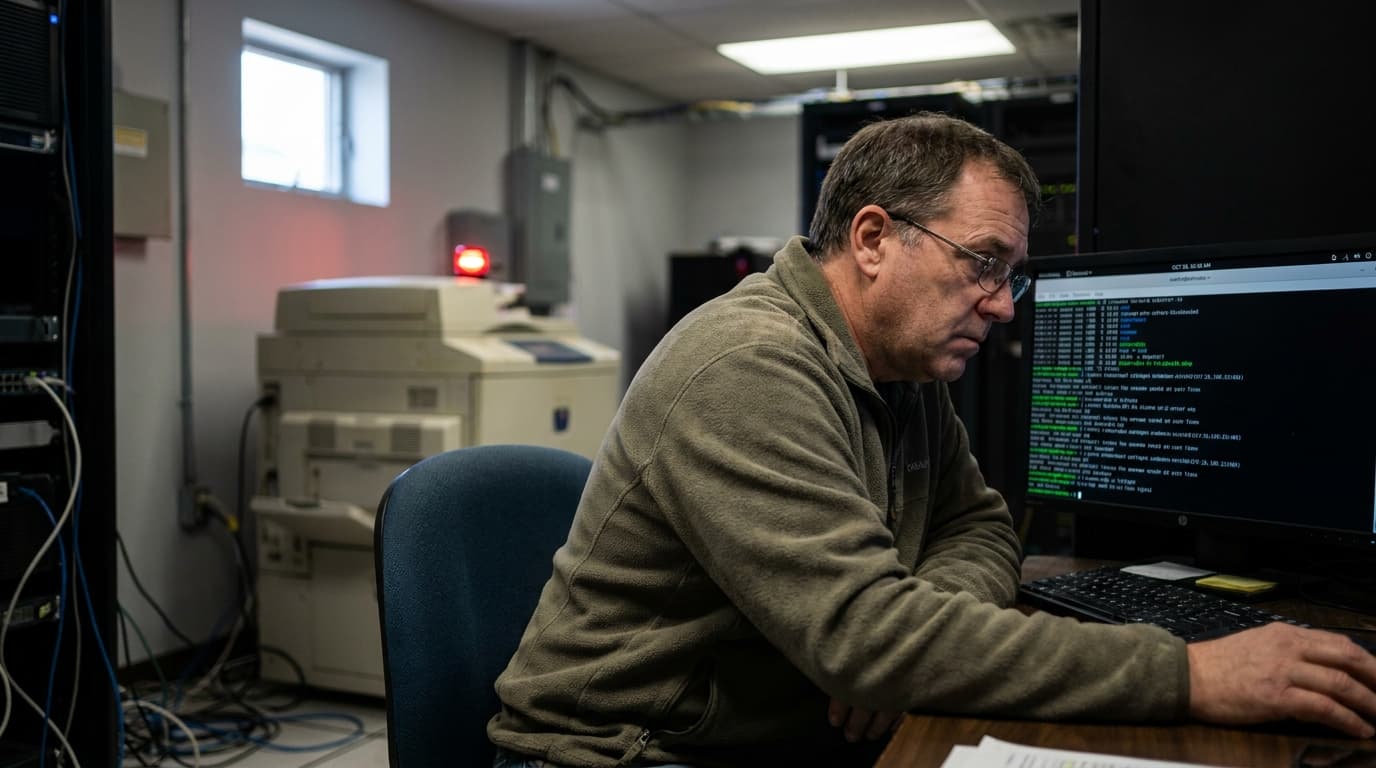 A system administrator works at a computer terminal in a data center, with a large office printer in the background.