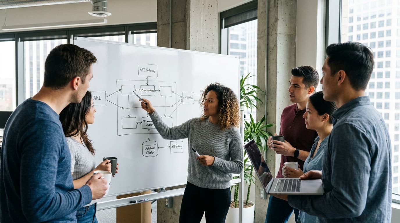 A team of software engineers discusses a system architecture diagram on a whiteboard in a collaborative office meeting.