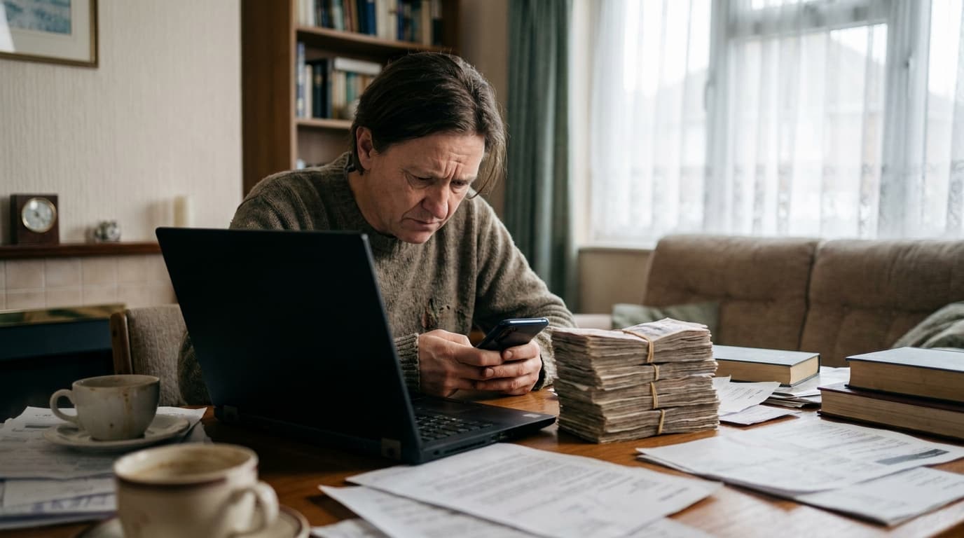 A person at a desk looks at their phone with concern, a large pile of cash sitting on the desk next to their open laptop.