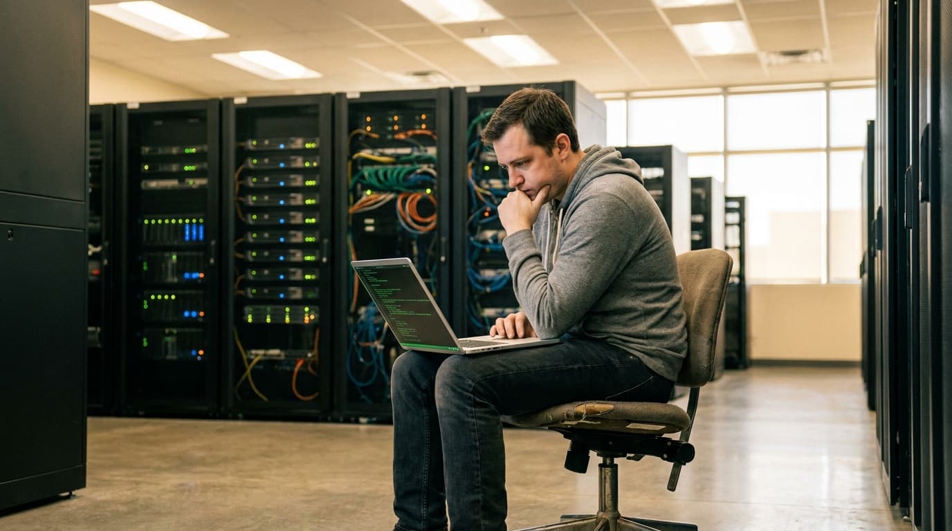 An engineer working on a laptop in a data center, with server racks visible in the background.
