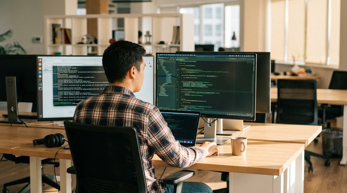 A developer working on Java code on a computer in a well-lit office environment.