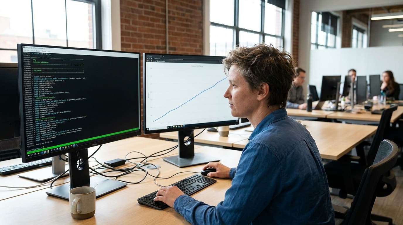 A database administrator working at a computer with two monitors, one showing code and the other showing a performance graph.