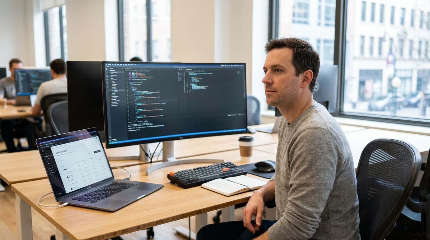 A developer working on code at their desk, with a Vercel dashboard visible on a nearby laptop.