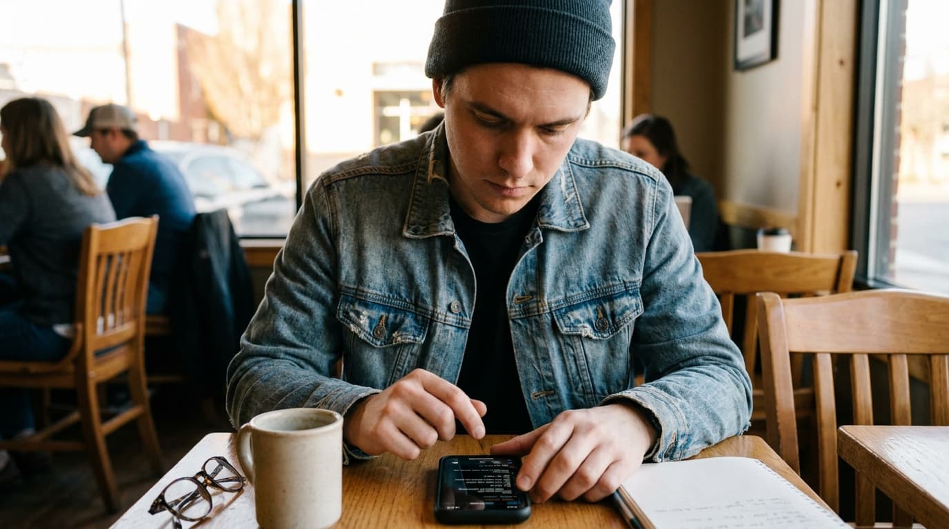 A developer reviews and approves code changes on an iPhone while sitting at a table in a brightly lit cafe.