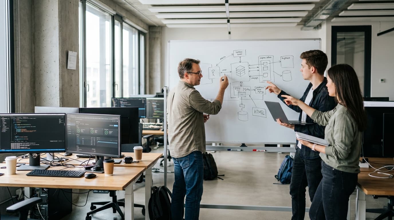 An engineering manager draws a system diagram on a whiteboard for two colleagues in an office.