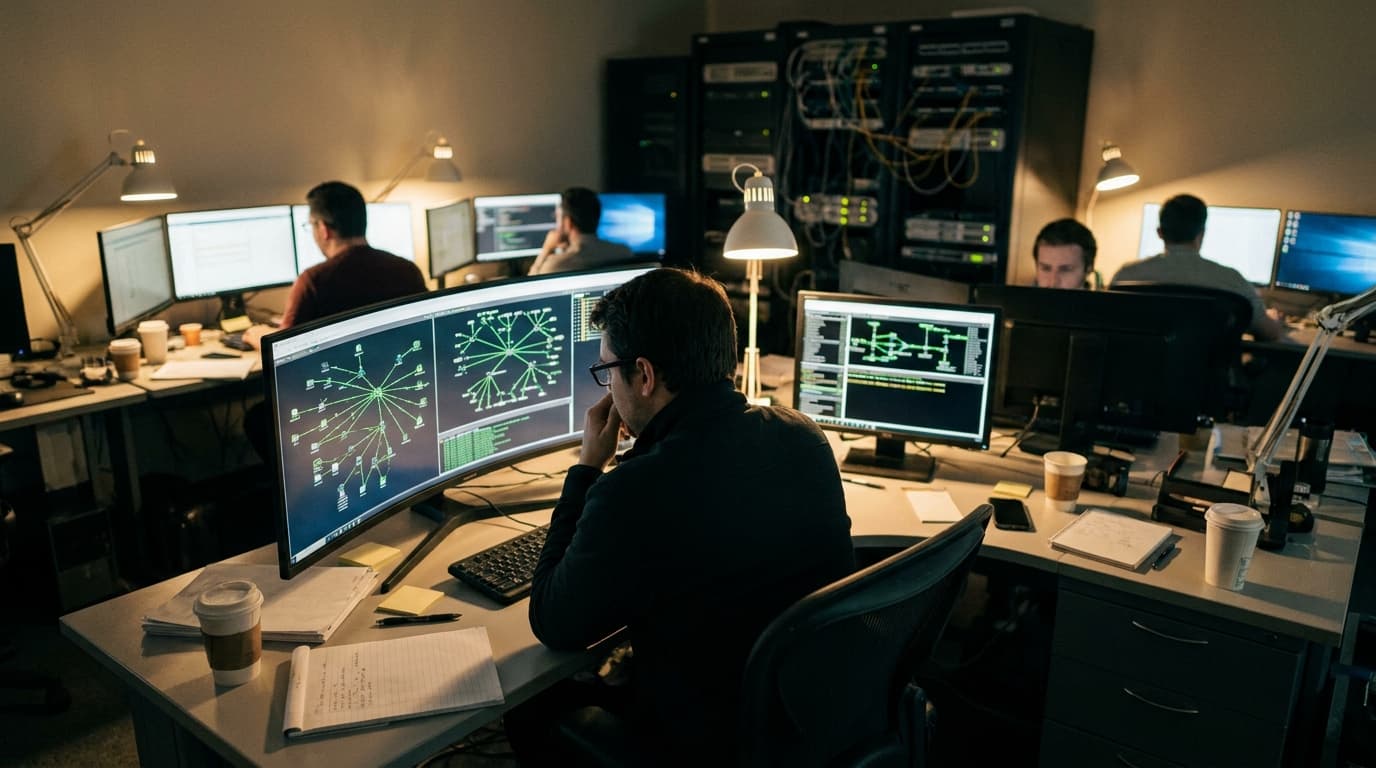 An engineer in a network operations center analyzes data on a large screen showing network diagrams and performance metrics.