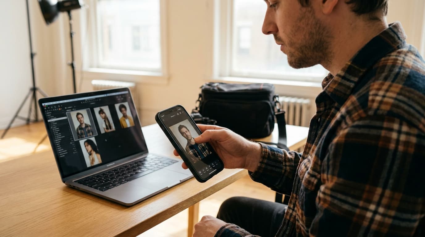A photographer edits a portrait on their smartphone using the VSCO Studio Pro app, with a laptop visible in the background.