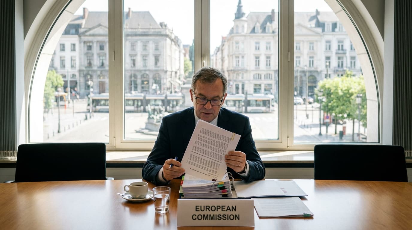 A European Union official in a suit reviews a legal document at a desk in a formal government office.