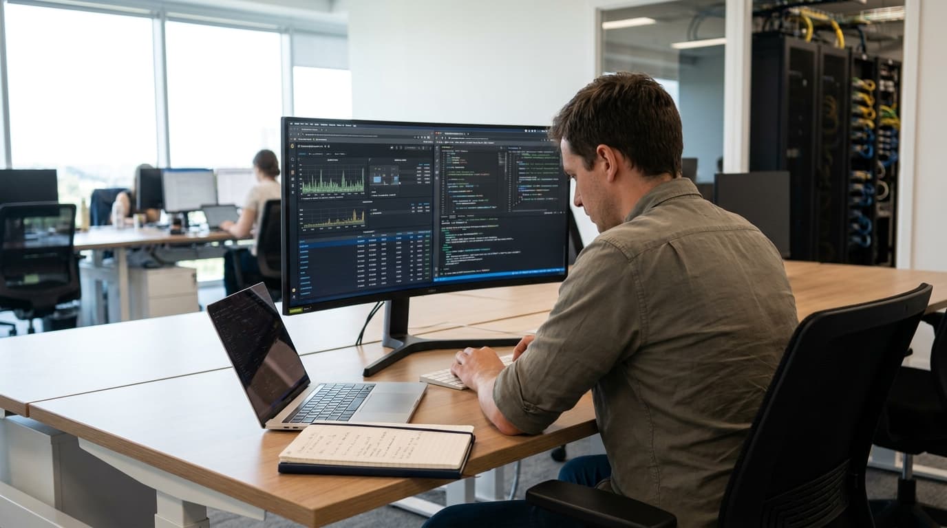 A data engineer in an office environment analyzes code and a data dashboard on a large computer monitor.