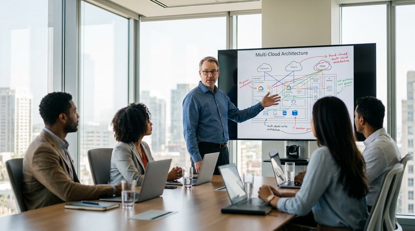 An IT director presents a multi-cloud strategy on a screen to colleagues in a corporate meeting room.
