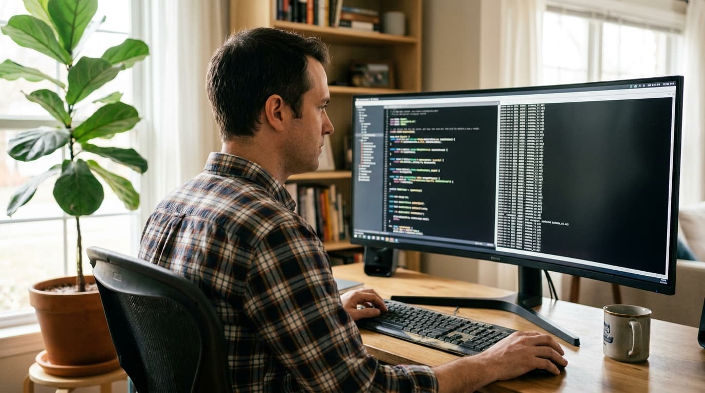 A software developer at a desk compares two versions of a PostgreSQL database schema on a computer monitor.