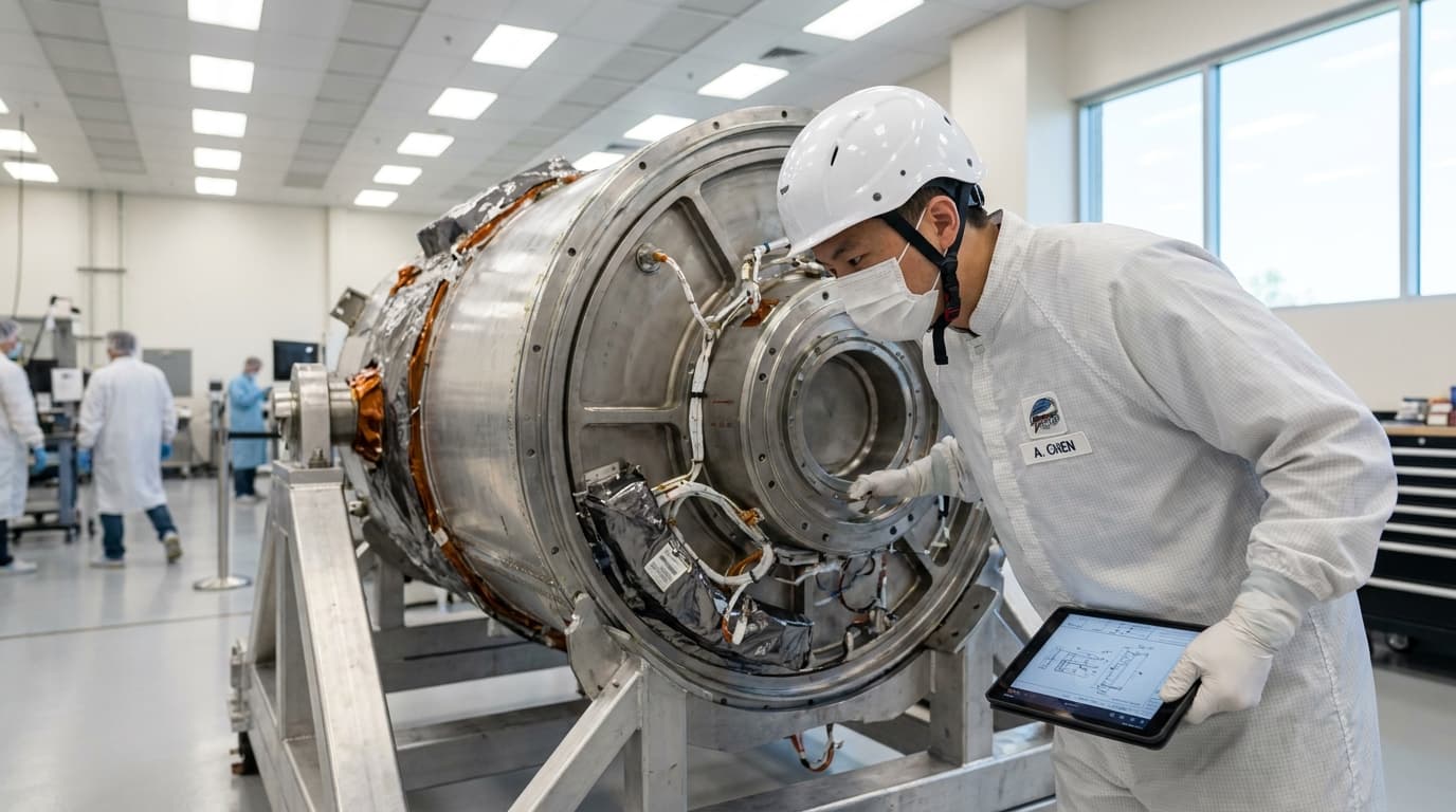 An engineer in a white cleanroom suit examines a large, silver spacecraft component.