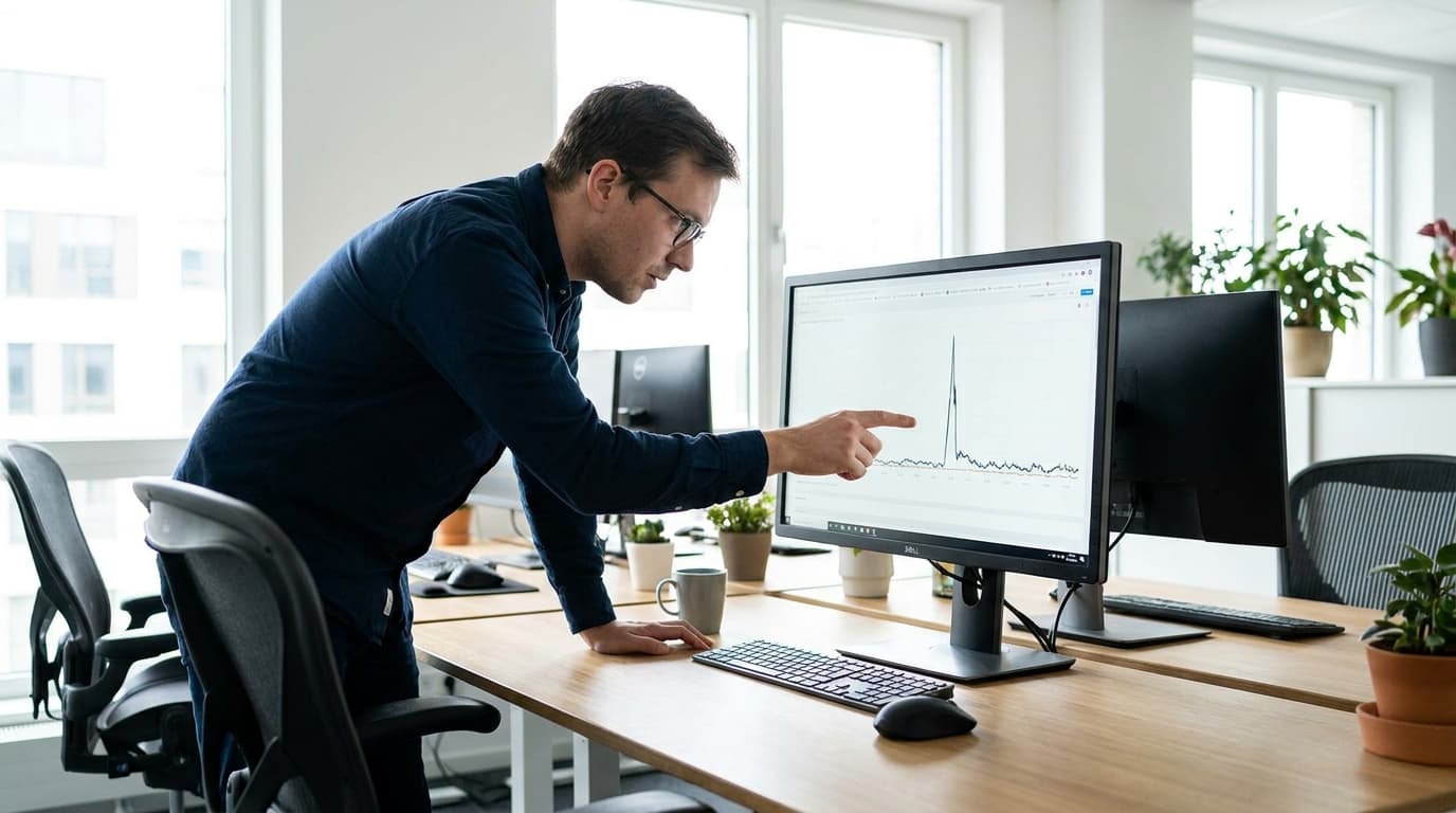An engineer in an office points at a performance graph on a computer monitor showing a sudden spike in traffic.