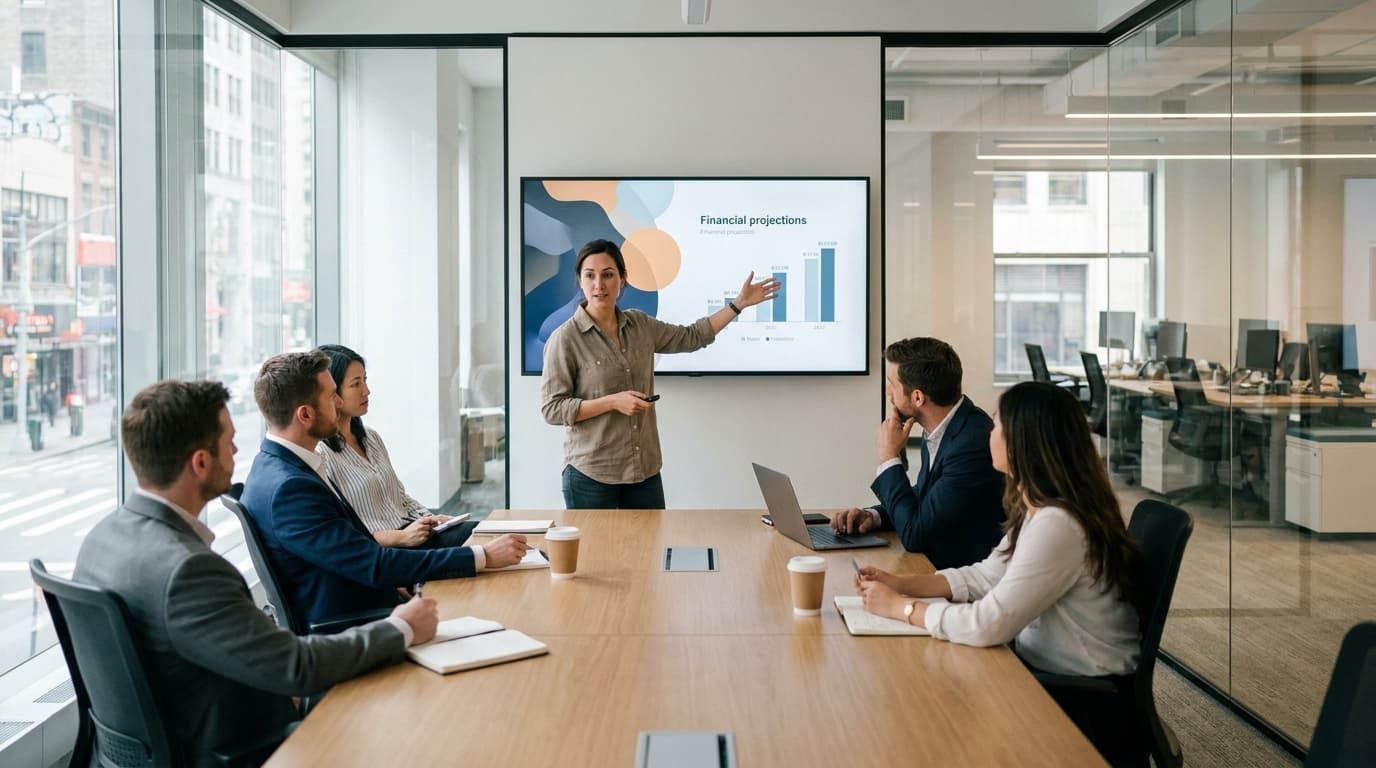 A founder presents a business plan to investors seated around a conference table in an office.