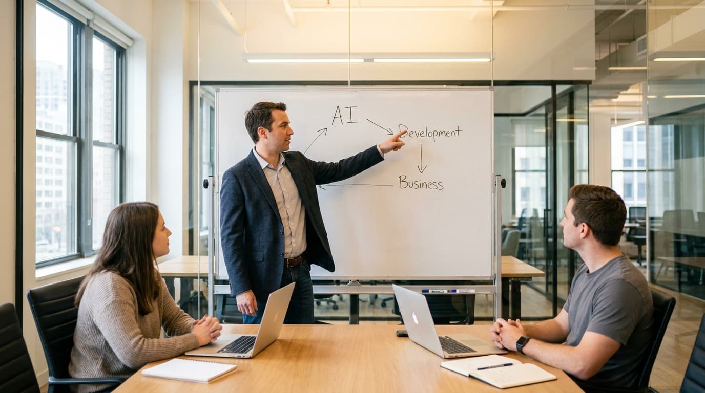 A tech executive leads a hiring strategy meeting, pointing to a whiteboard that illustrates the need for hybrid talent.