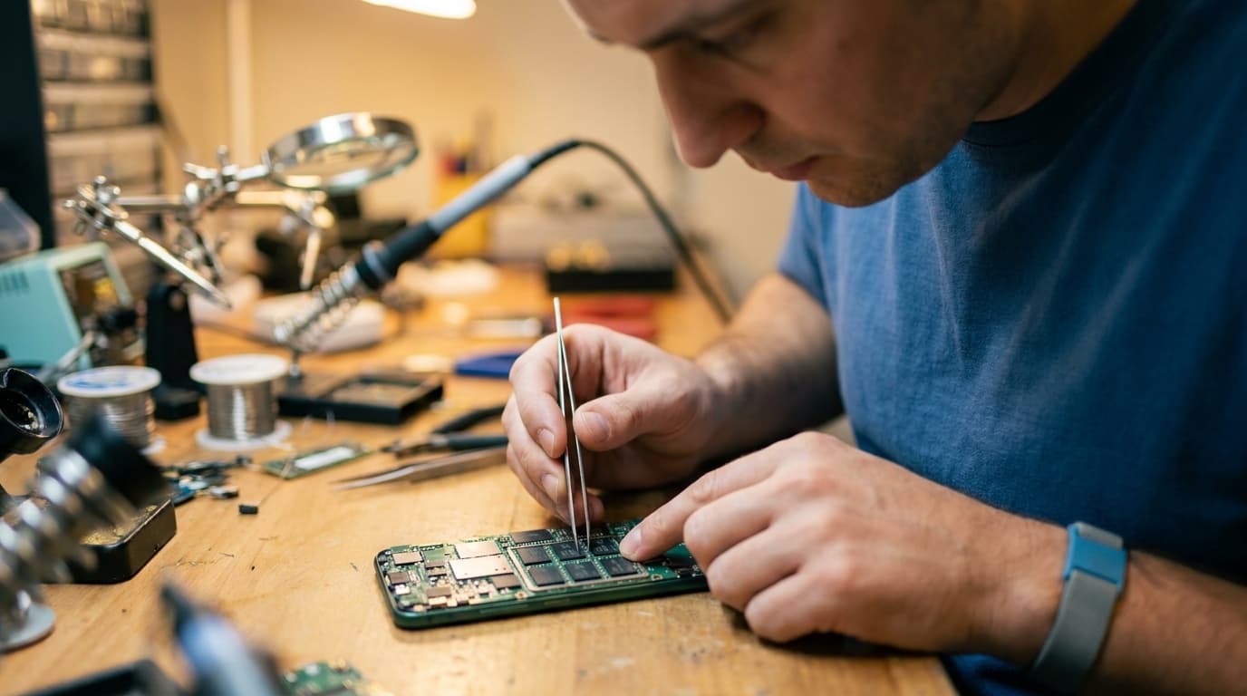 An engineer examines the RAM chips on a smartphone circuit board at an electronics assembly workbench.