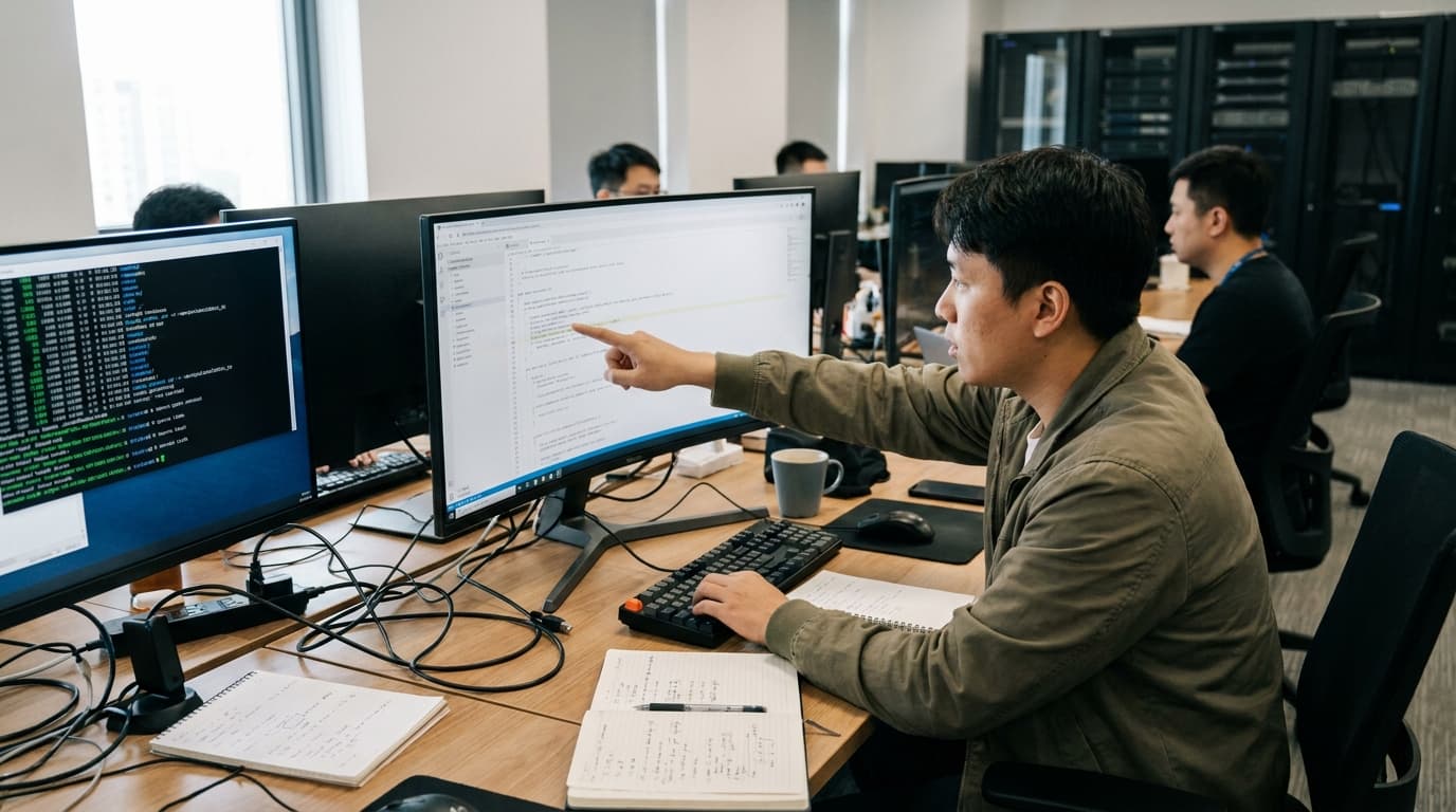 A security professional in an office environment analyzes code vulnerabilities on a dual-monitor computer setup.