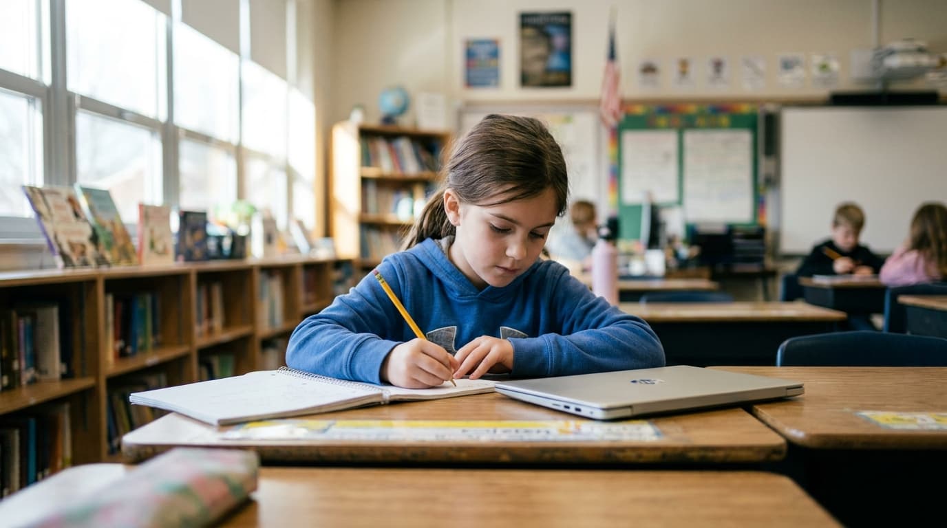 An elementary school student writes in a notebook at a classroom desk, with a laptop sitting closed on the table.