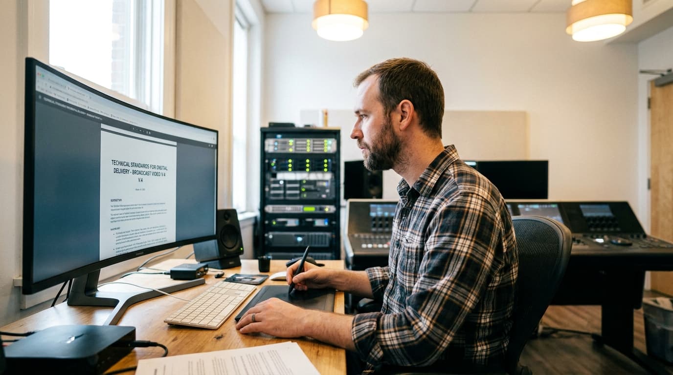 An engineer in a media studio reviews a technical document on a computer screen, with video equipment in the background.