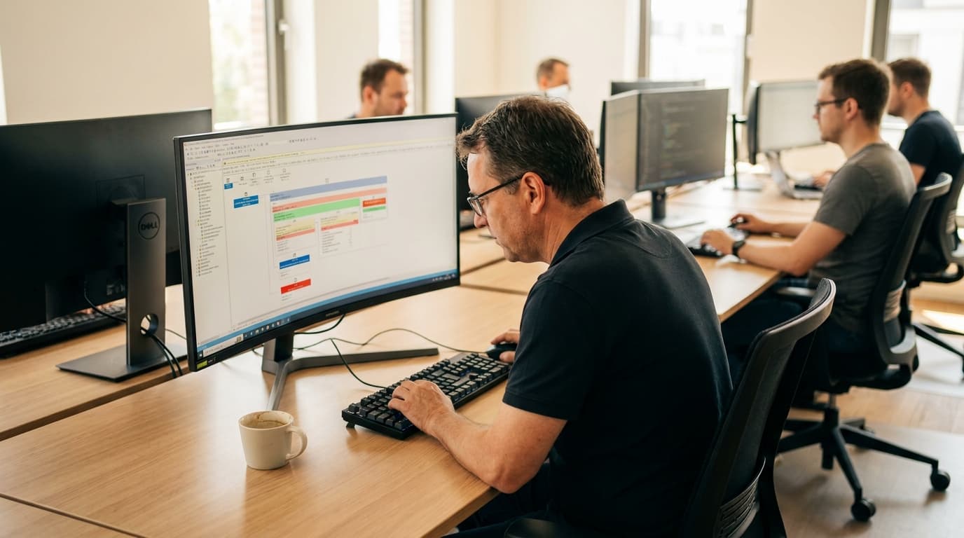 A database developer analyzes a PostgreSQL query plan on their computer screen in an office environment.