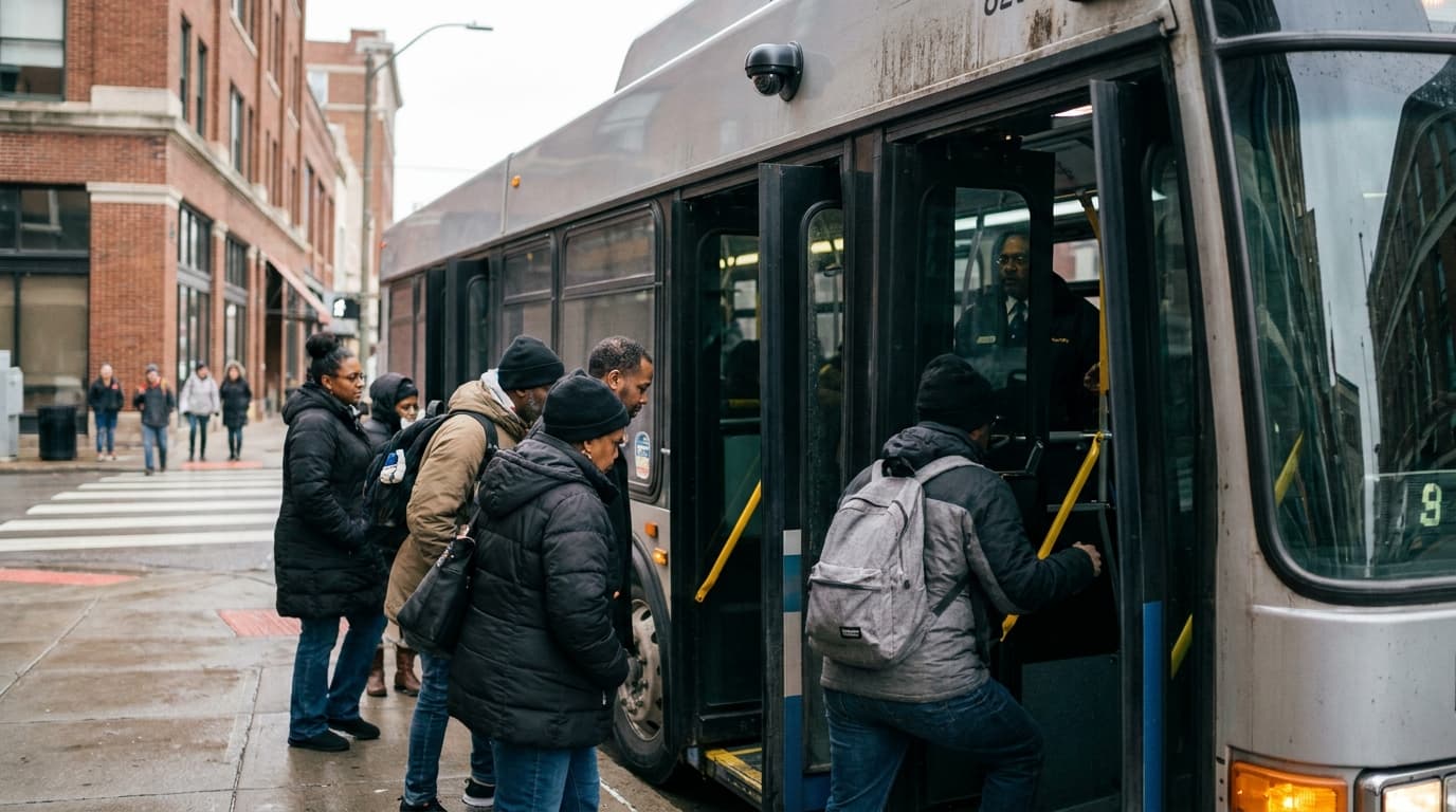 A security camera mounted inside a public bus points toward the entrance as passengers get on board during the day.