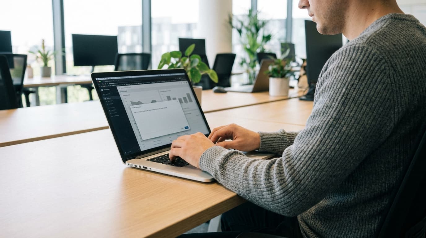 A business professional works on a laptop at an office desk, analyzing data charts and graphs displayed on the screen.