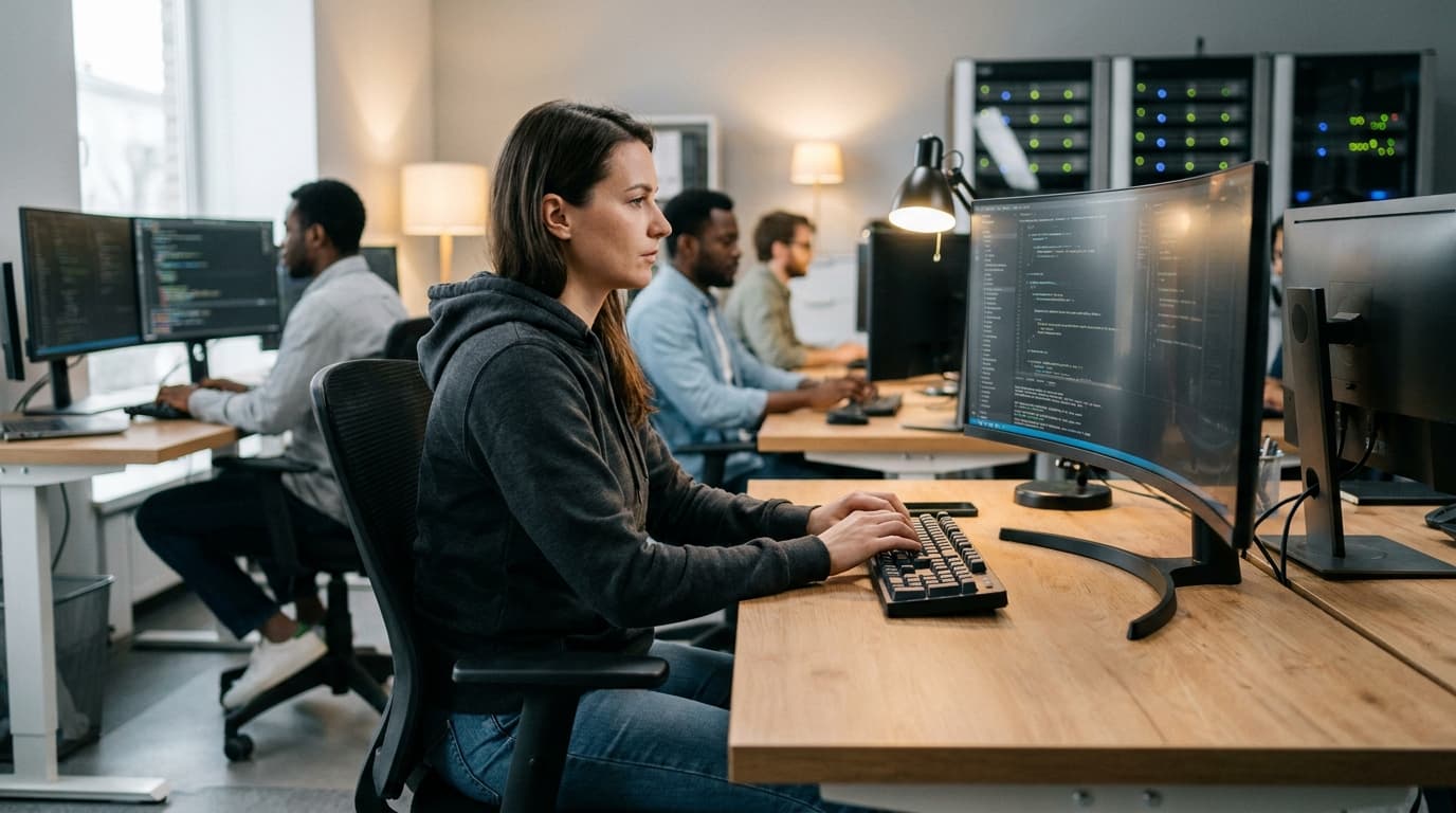 A software engineer working on code at a computer in a modern office setting.