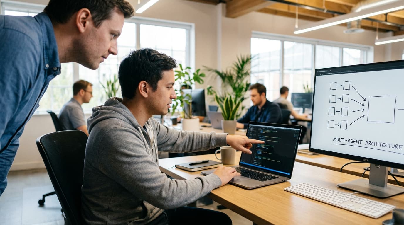 Two developers collaborating at a desk, one pointing to code on a laptop while a monitor shows a system architecture diagram.