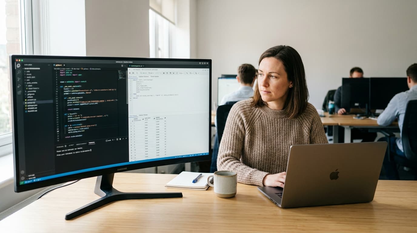 A data professional working at a desk with a monitor showing Python and SQL code for data analysis.