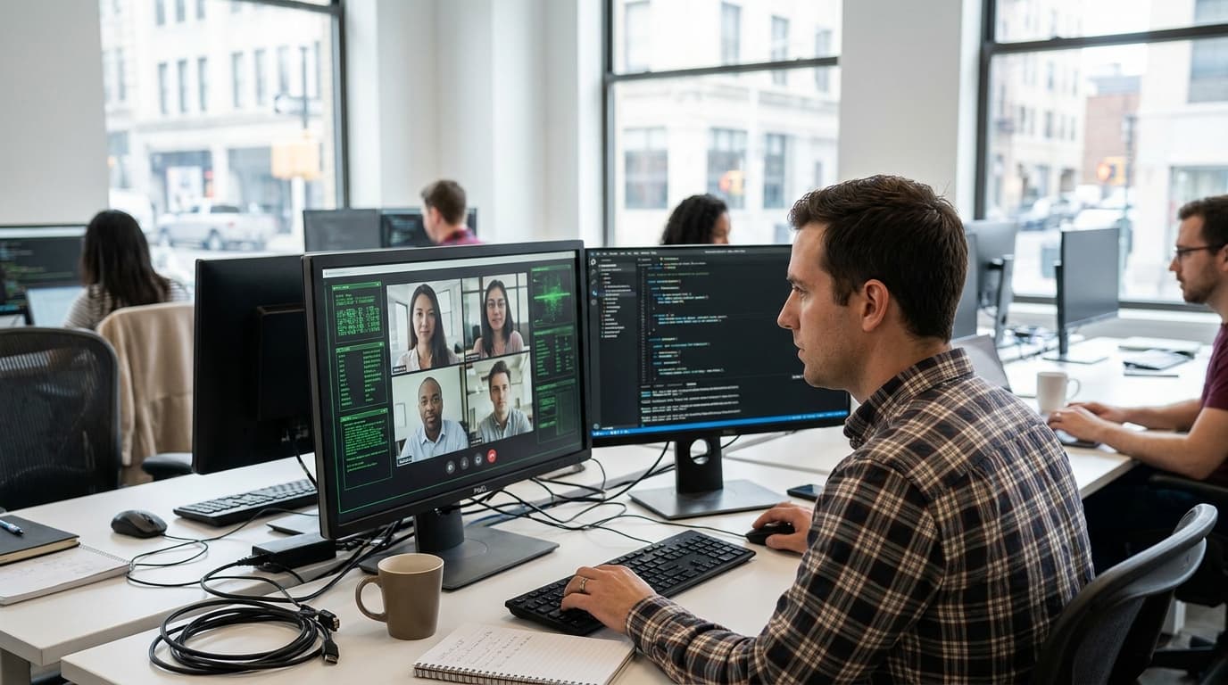 An engineer analyzes real-time video call performance data on a computer monitor in an office setting.