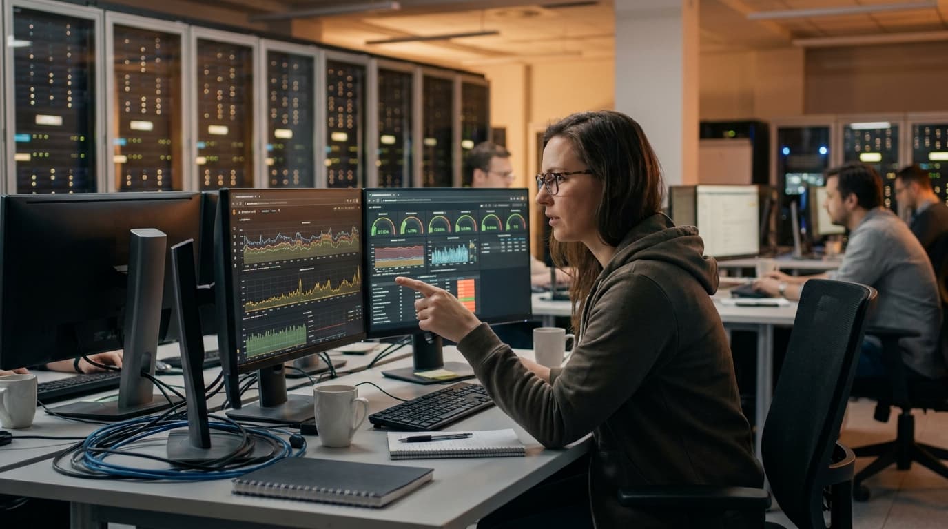 An engineer in a server room looking at a screen displaying system performance metrics and code.