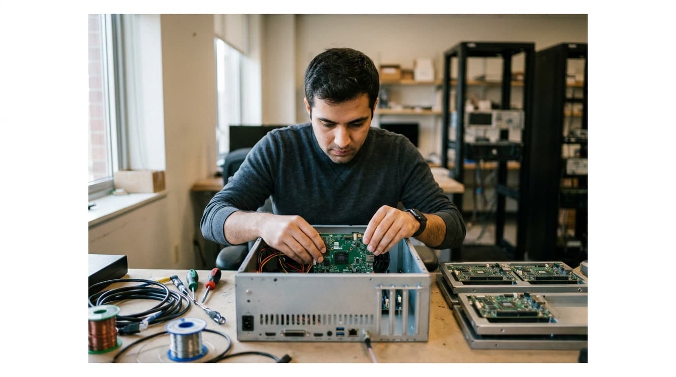 An engineer mounts a smartphone motherboard onto a custom server rack inside a brightly lit electronics lab.