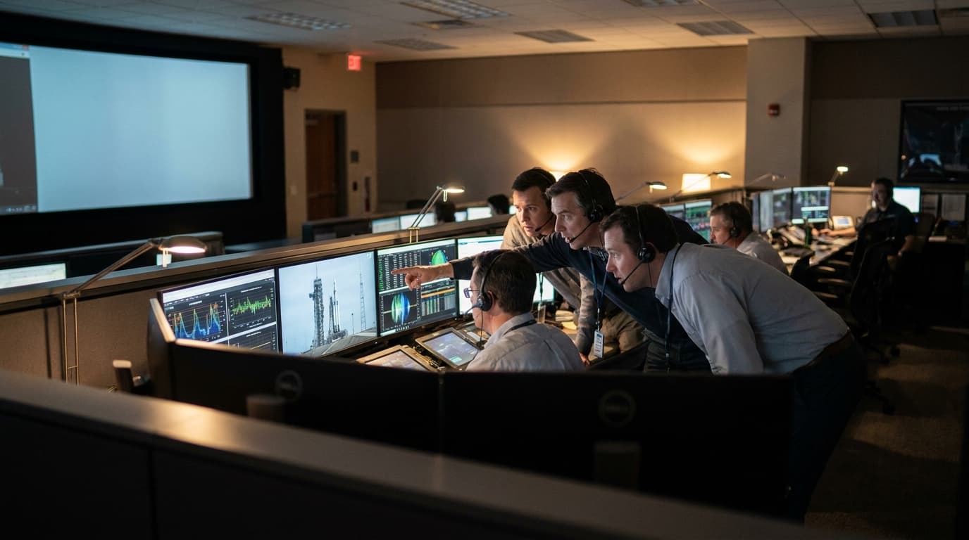 Engineers at their consoles inside a mission control room, monitoring a rocket launch on large screens.