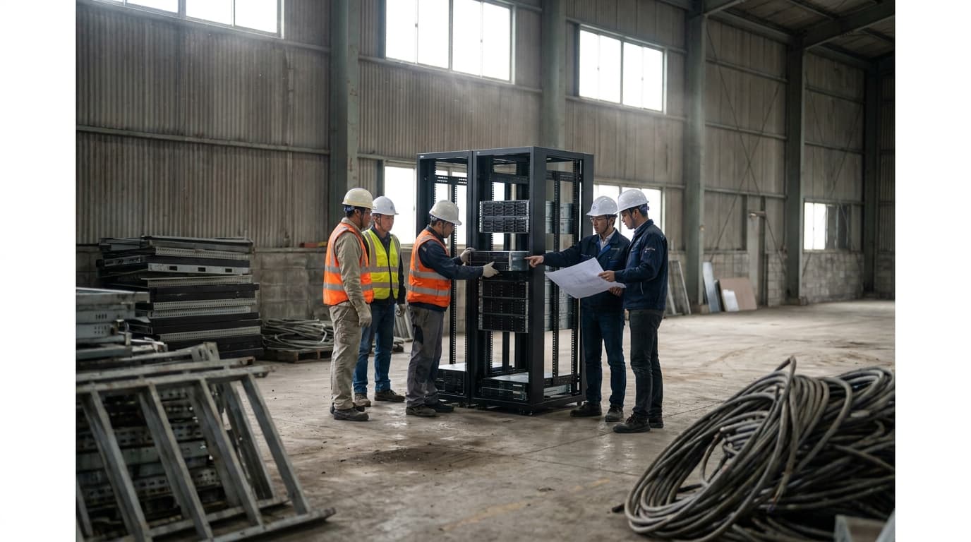 Engineers and construction workers installing new server racks inside a large industrial warehouse being converted into an AI data center.