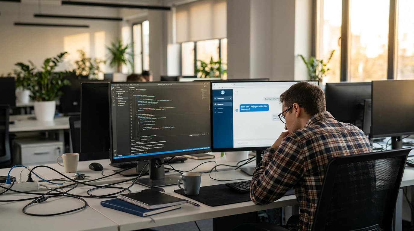 A developer reviews code on a computer screen in an office, with an AI coding tool visible on an adjacent monitor.