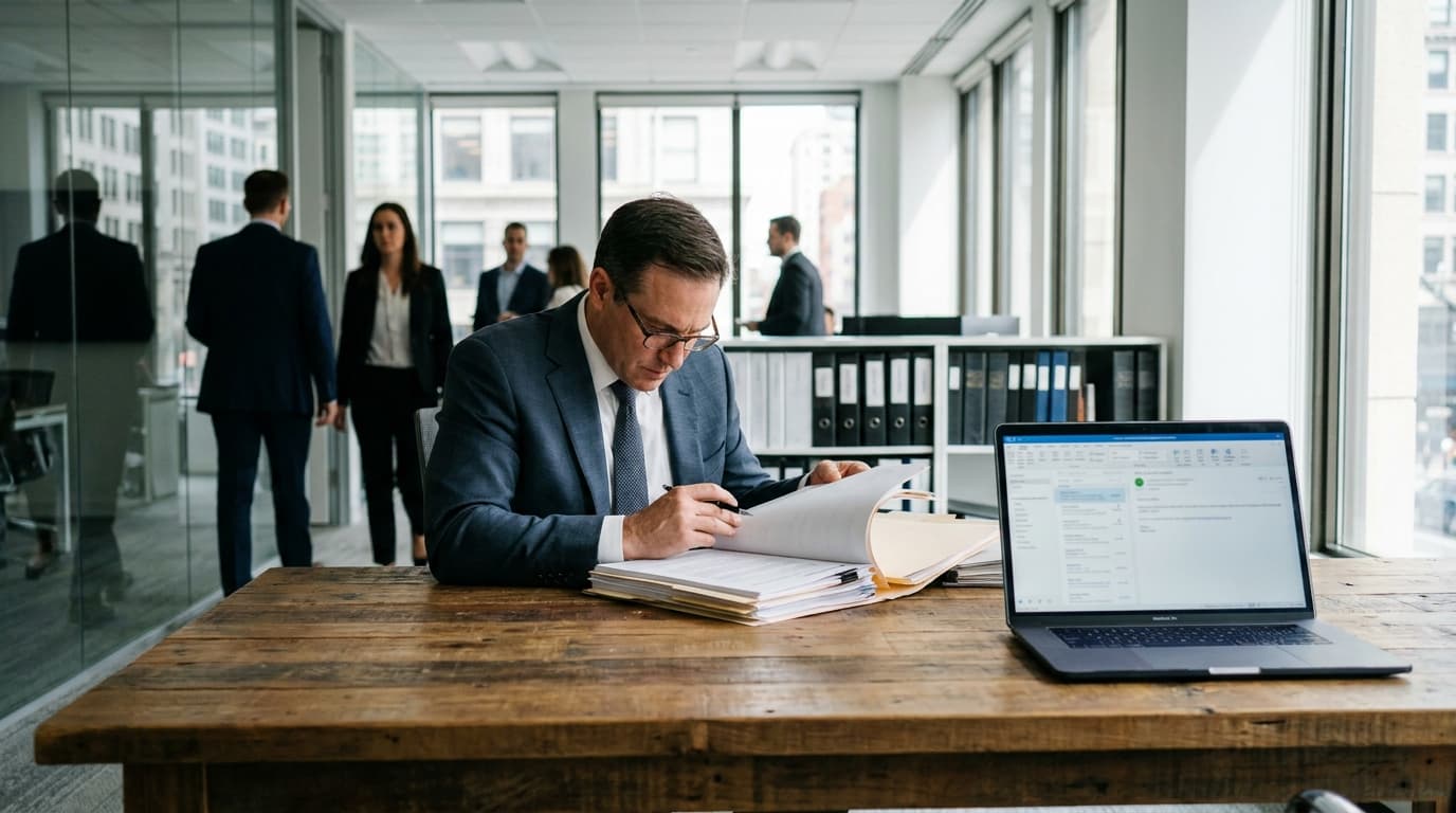 A lawyer sits at an office desk reviewing legal papers next to an open laptop computer.