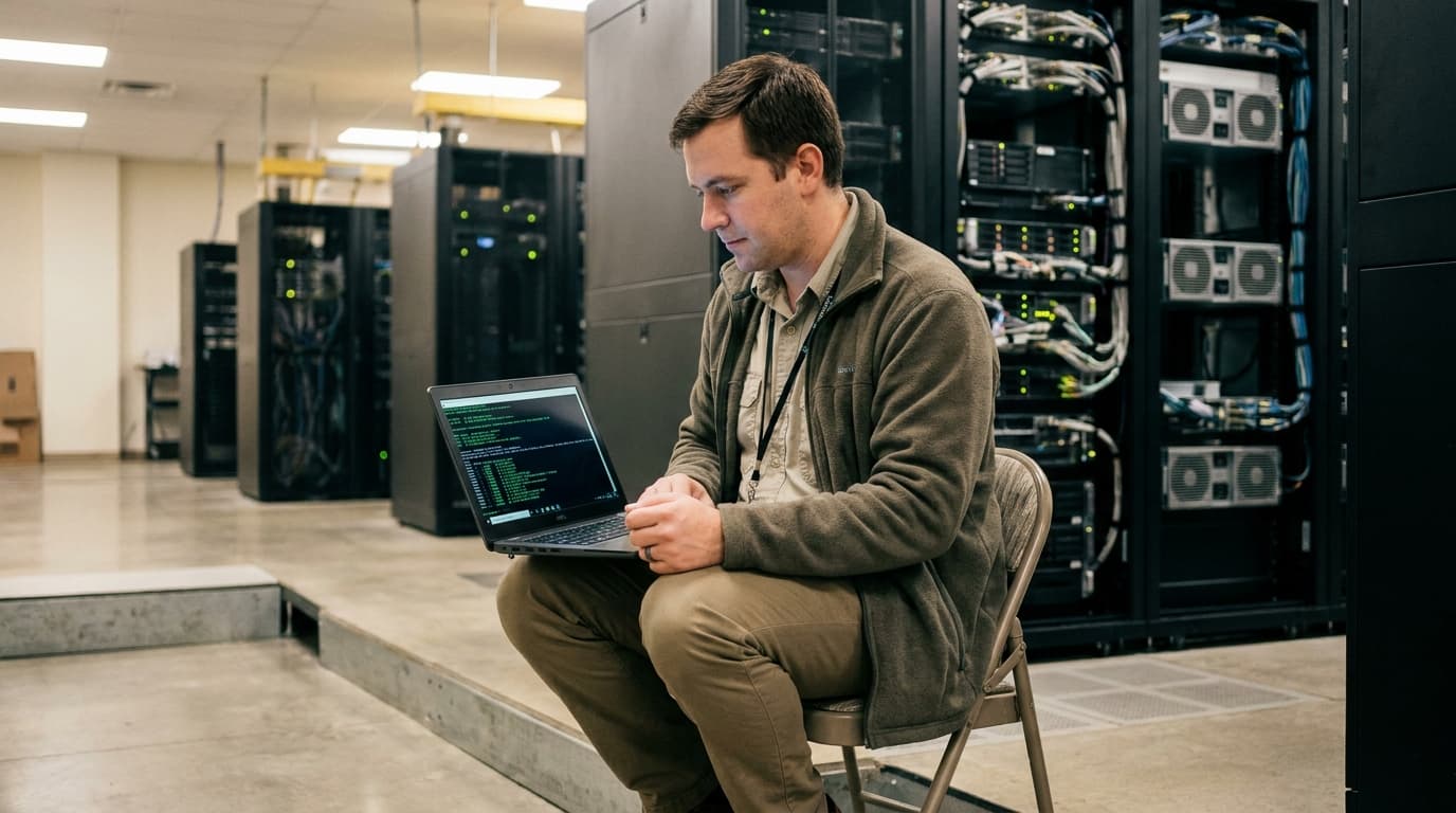 An engineer works on a laptop in a data center, with rows of server racks behind them.