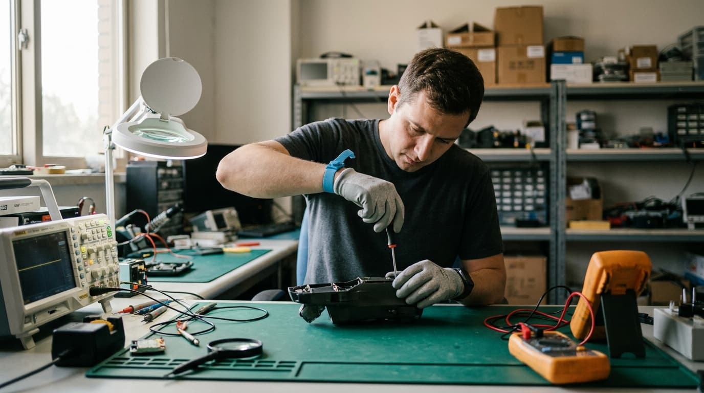 An engineer in a lab examines the circuit board of a captured piece of military electronics on a workbench.