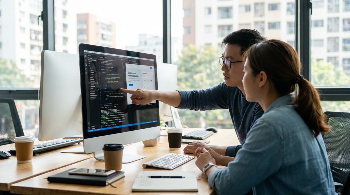 A team of software developers collaborates in an office, pointing at a user interface on a large computer monitor while discussing a new feature.