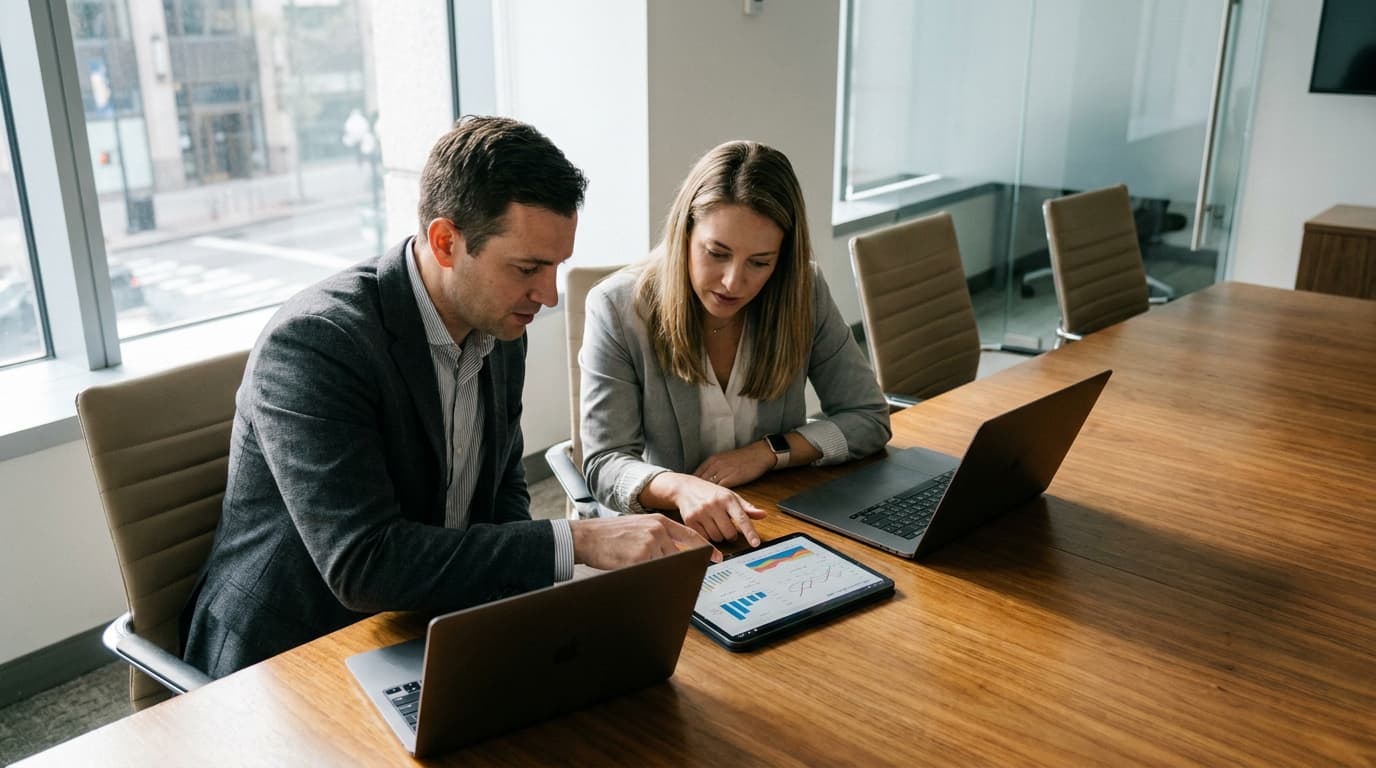 A chief technology officer and a chief financial officer analyze business performance charts on a tablet in a meeting room.