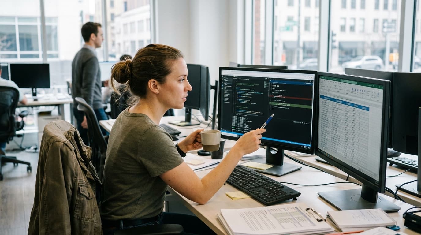 A security analyst reviews code on a computer monitor in an office setting, analyzing a potential software patch.