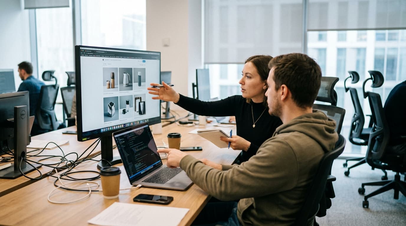 A creative director and a developer working together on AI-generated images in an office setting.
