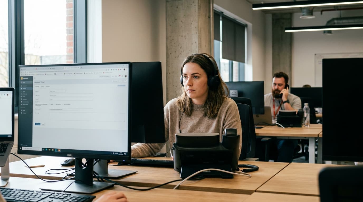 A customer support professional at their desk in an office, using a computer to manage helpdesk tickets.
